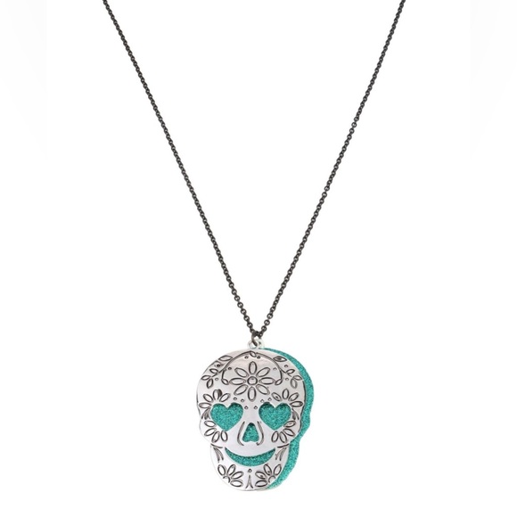 BETSEY JOHNSON Engraved Double Skull Pendant Long Necklace NWT - Picture 1 of 16